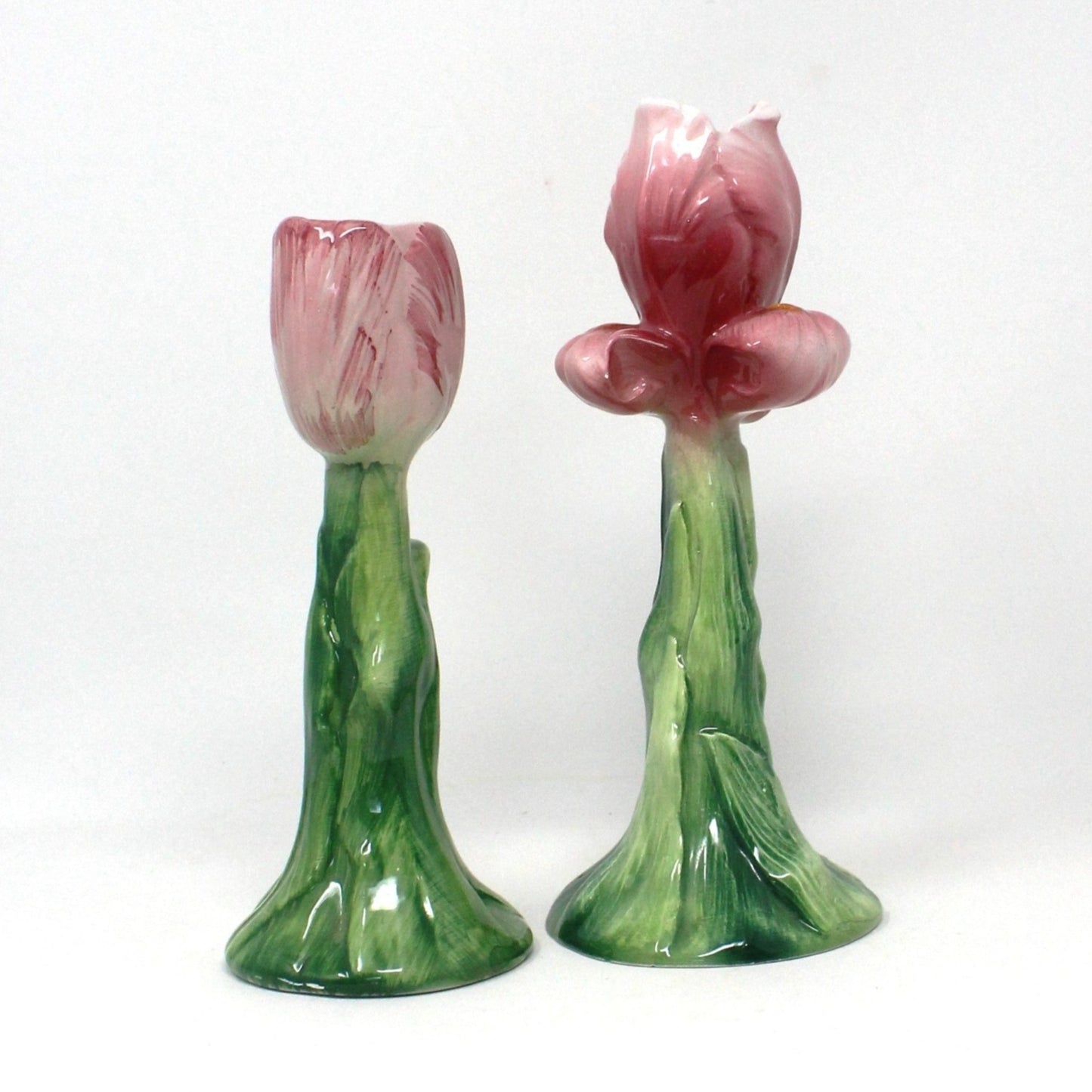 Candle Holders, Pink Iris & Pink Tulip, Hand Painted Ceramic, Italian Majolica, SOLD