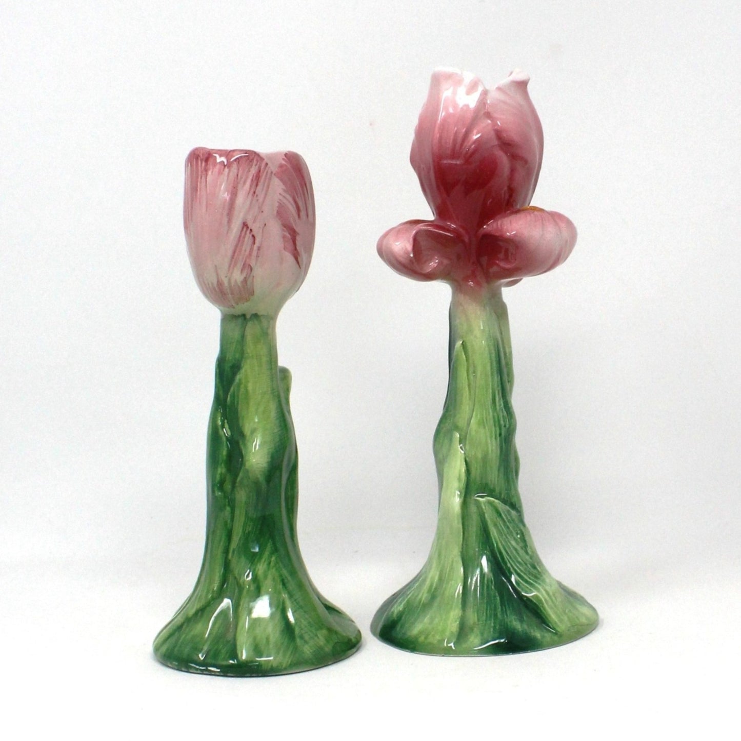 Candle Holders, Pink Iris & Pink Tulip, Hand Painted Ceramic, Italian Majolica