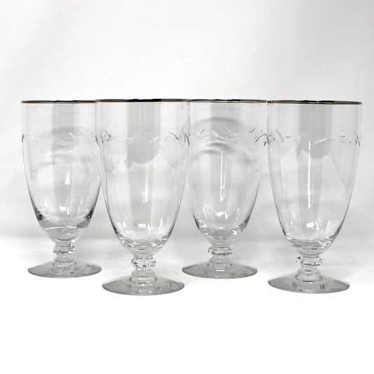 Iced Tea / Goblets, Tiffin, Lyndley Platinum Trim, Cut Leaves, Faceted Stem, Blown Glass, Set of 4, Vintage