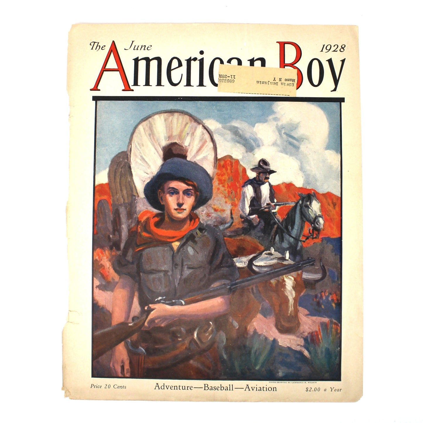 Vintage 1928 magazine cover titled 'The American Boy' from June 1928 with western themed drawing from artist Lawrence N. Wilbur.