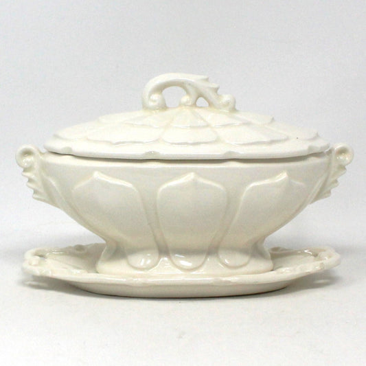 Gravy Boat / Saucière with Underplate, Lid and Ladle, Feathers, Ceramic, Vintage