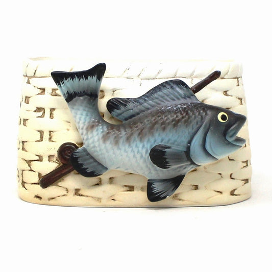Planter / Vase, Napco, Fishing Creel Basket with Trout and Rod, Vintage Ceramic