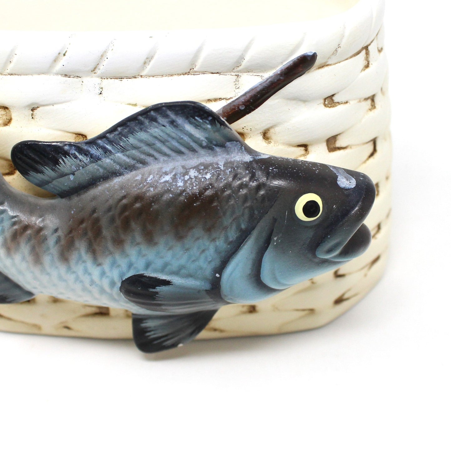 Planter / Vase, Napco, Fishing Creel Basket with Trout and Rod, Vintage Ceramic