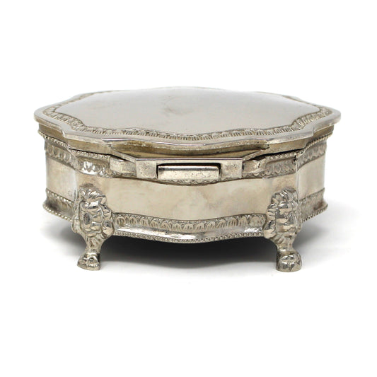 Trinket Box, Jewelry Casket, Silverplate, Lion’s Head Footed, Ornate Victorian Style, Vintage