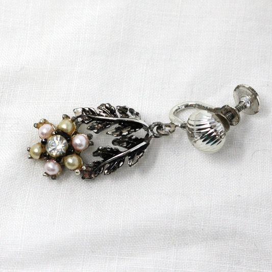 Earrings, Coro, Dangle Pearl Flowers with Leaves, Silver-Tone, Screw Backs, Vintage