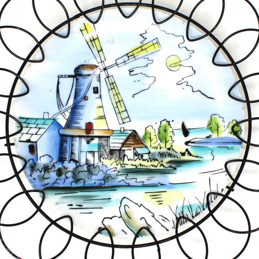 Decorative Plate, Hand Painted Windmill in Wire Metal Frame, Wall Plate, Vintage Japan