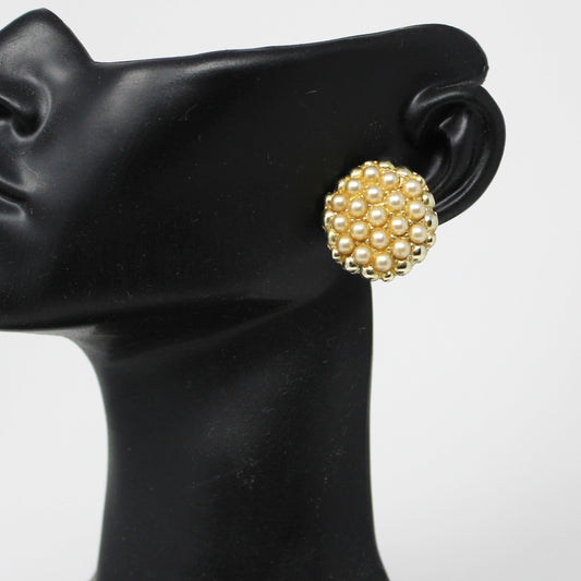 Earrings, Faux Seed Pearl Cluster, Gold Bead Border, Round Clip-On, Vintage 1970s–1980s