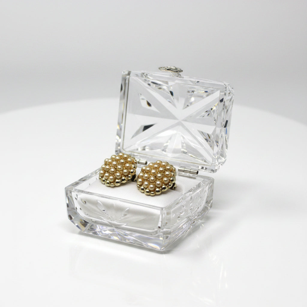 Earrings, Faux Seed Pearl Clusters Bordered with Gold Beads, Clip-On Round Earrings, Vintage
