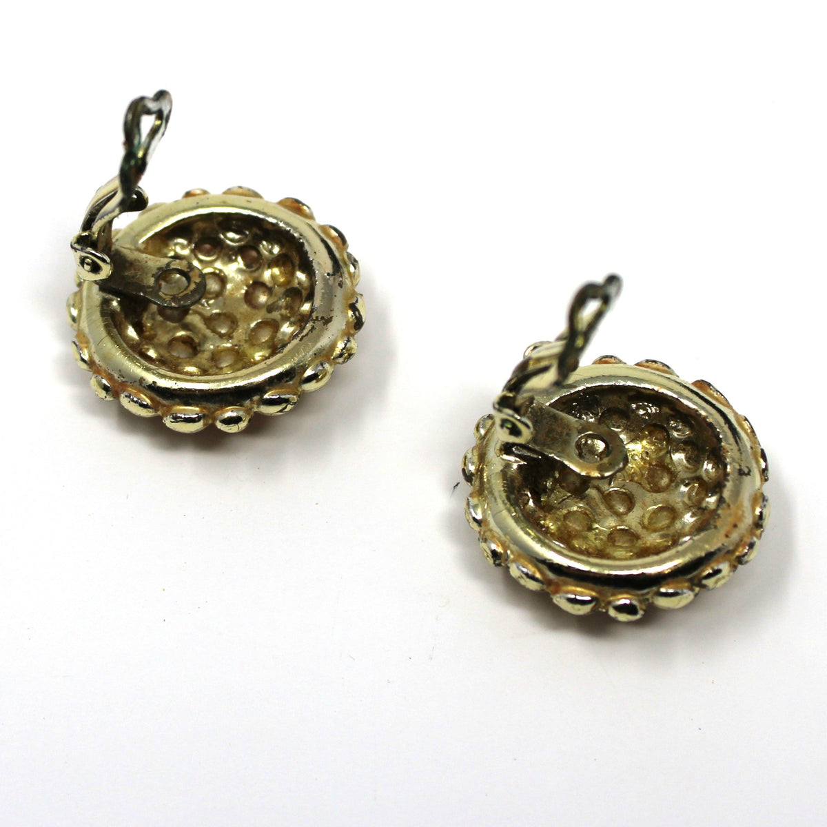 Earrings, Faux Seed Pearl Cluster, Gold Bead Border, Round Clip-On, Vintage 1970s–1980s