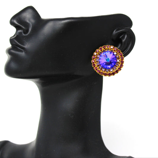 Earrings, Purple Heliotrope Large Rhinestones, Round Clip-On, Vintage