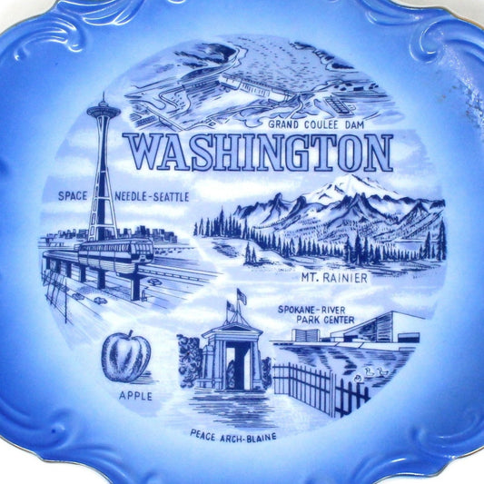 Decorative Plate, Souvenir State Collectors Plate, Washington, Blue & White, Vintage