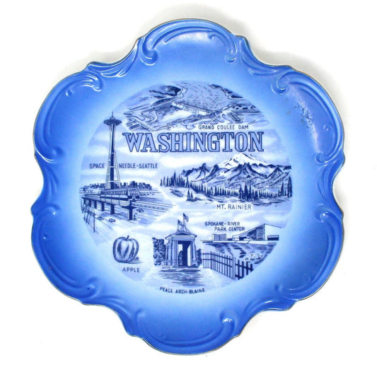 Decorative Plate, Souvenir State Collectors Plate, Washington, Blue & White, Vintage