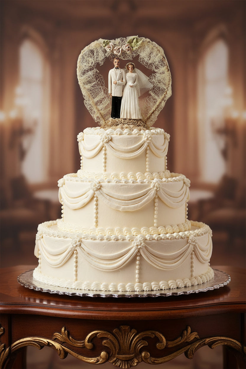 Cake Toppers, Bridal Chalkware Bride & Groom, Heart Shaped Tulle Arch, Hand Painted, Vintage 1930's
