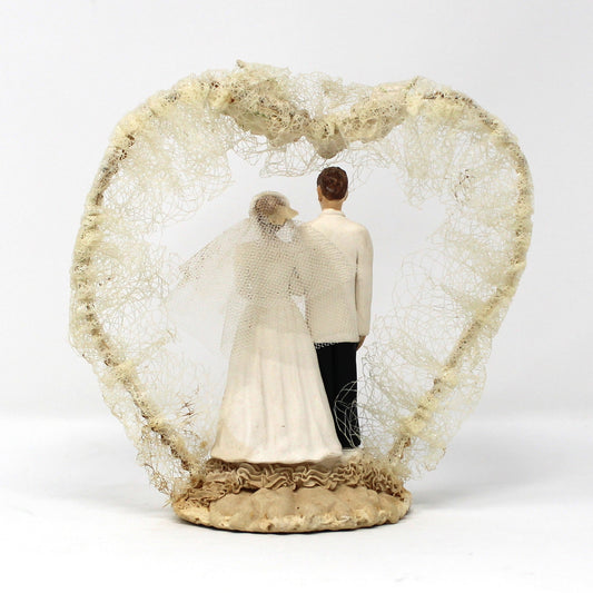 Cake Toppers, Bridal Chalkware Bride & Groom, Heart Shaped Tulle Arch, Hand Painted, Vintage 1930's