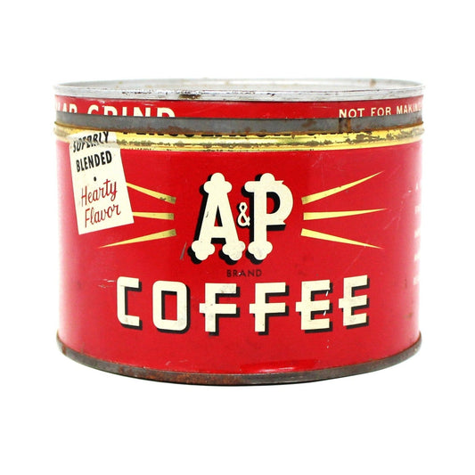 A vintage red A&P collectible coffee can tin with white and yellow accents, featuring the A&P Coffee brand logo and key wind lid mechanism.