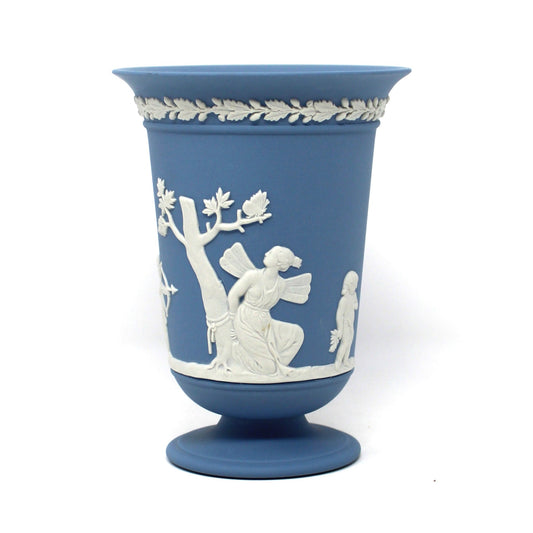 Vase, Wedgwood, Blue Jasperware, Flared Pedestal, Neoclassical Figures, 1985, Made in England