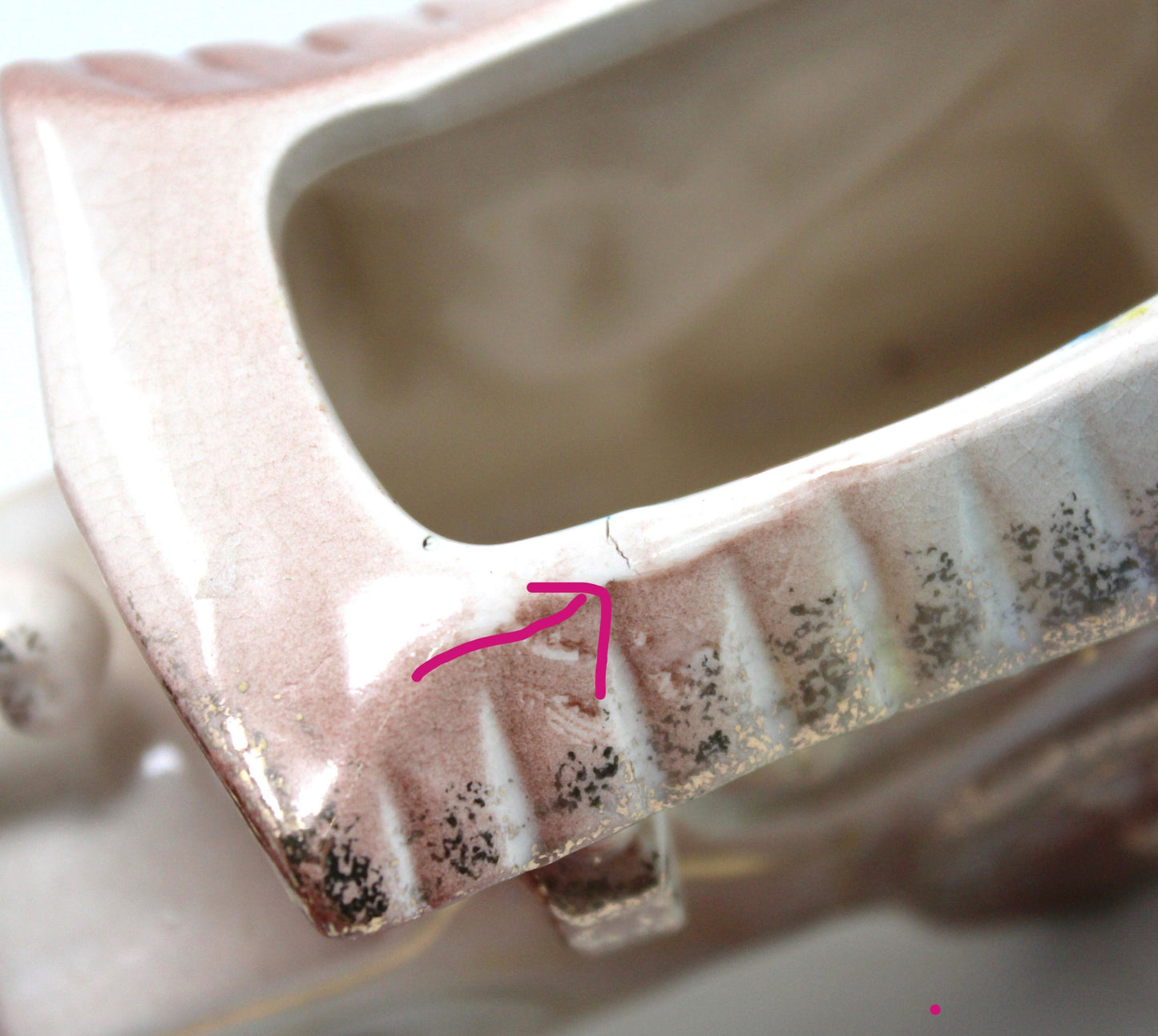 Planter, Antique Car with Curtains, Pink with Gold, G686, Vintage