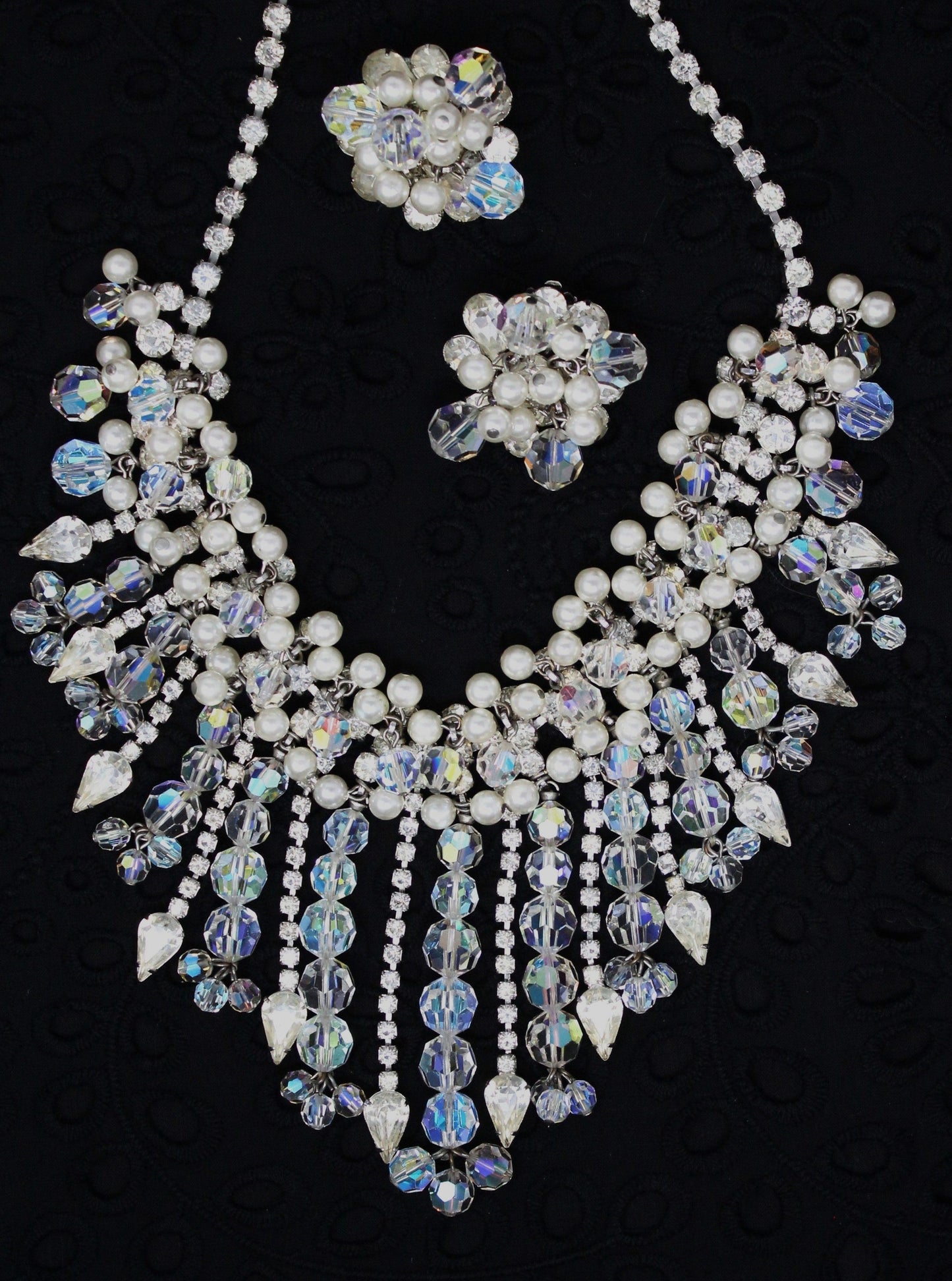 Necklace and Earrings Set, D&E Juliana, Waterfall Bib Necklace, Faceted Crystals & Pearls, Vintage