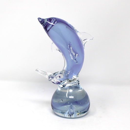 Sculpture, Art Glass, Leaping Dolphin on Sphere, Neodymium Alexandrite Glass, Lilac, Vintage 1970s