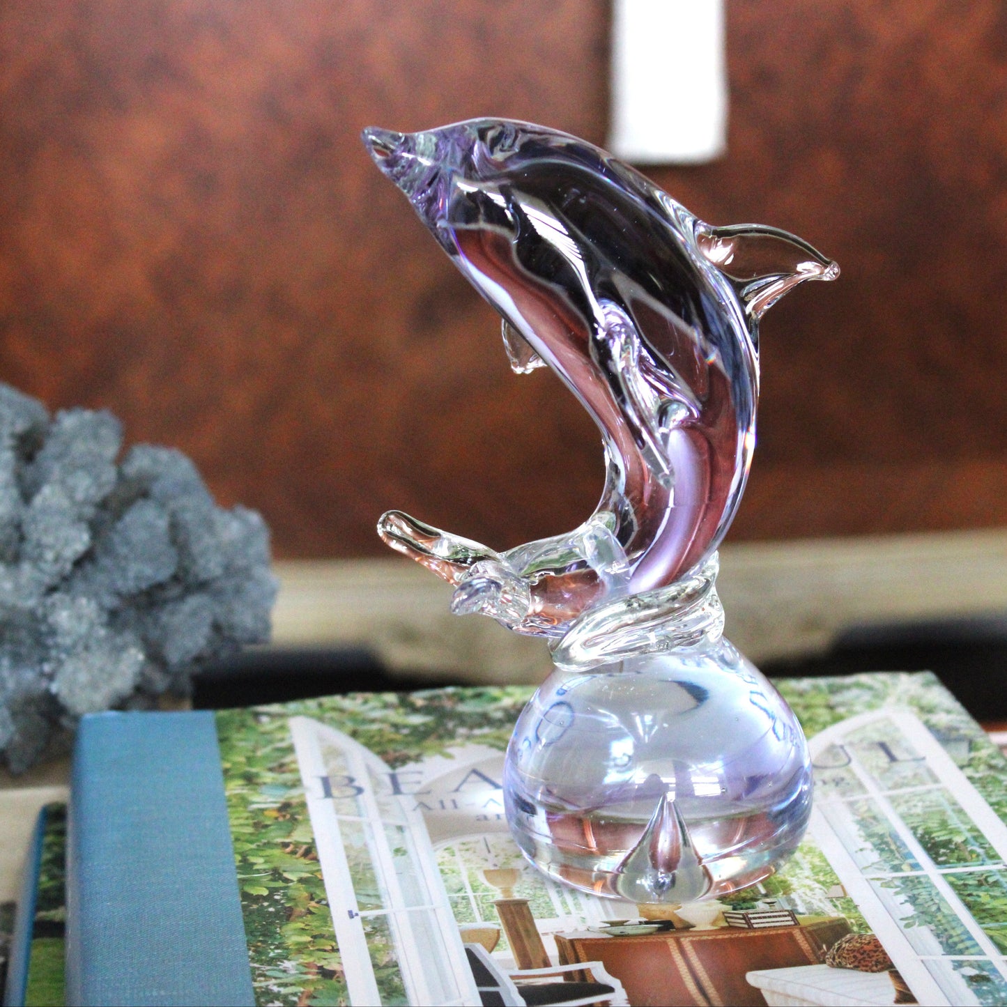 Sculpture, Art Glass, Leaping Dolphin on Sphere, Neodymium Alexandrite Glass, Lilac, Vintage 1970s