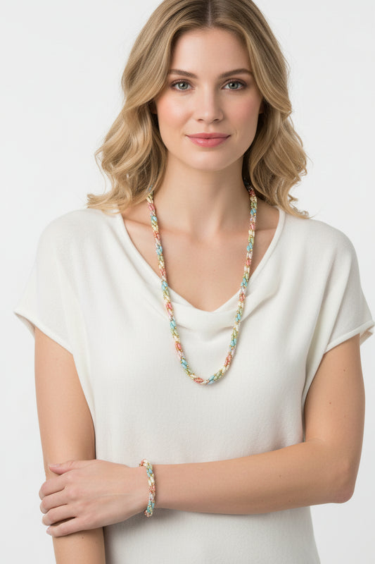 Demi Parure, Sarah Coventry, Necklace and Bracelet Set, Multicolor Pastels Braided Torsade, Vintage 1970's