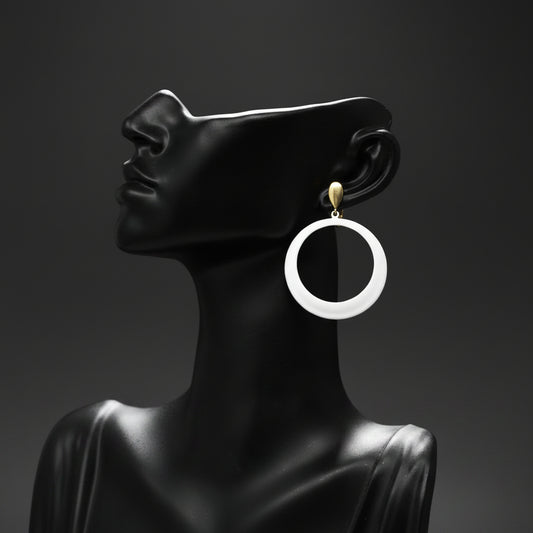 Earrings, L H Segal, White Enamel Hoops Clip Earrings, Gold Tone, Signed, Vintage 1960's
