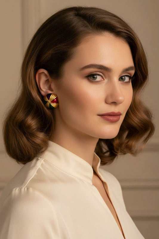 Pair of colorful round earrings on a white background