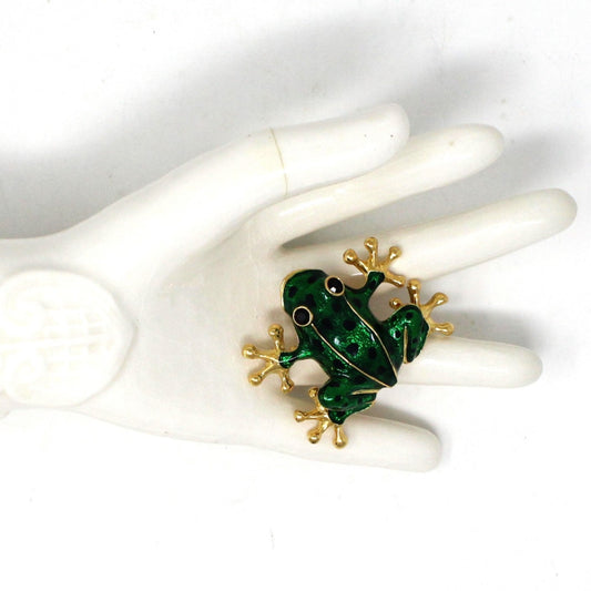 Brooch / Pin, Figural Frog, Green Enamel with Black Stones, Gold Tone, Vintage