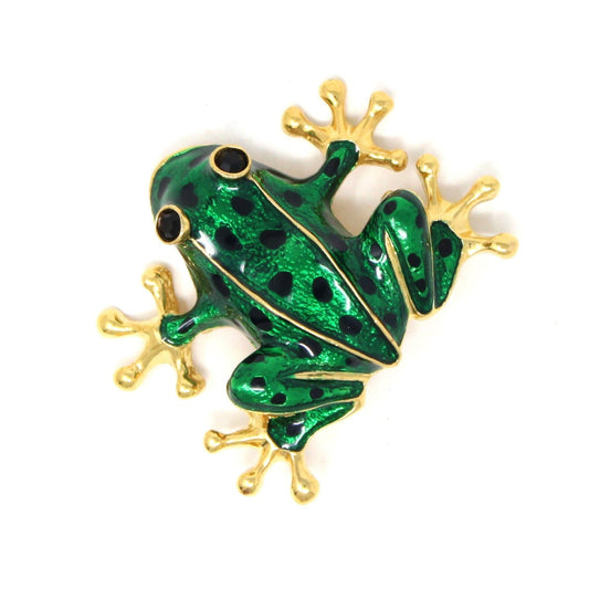 Brooch / Pin, Figural Frog, Green Enamel with Black Stones, Gold Tone, Vintage