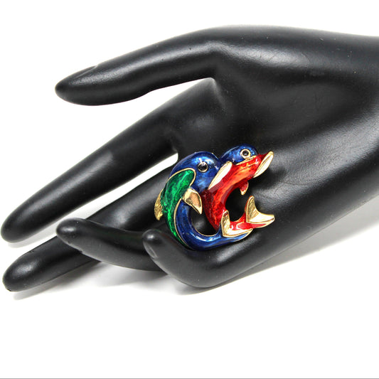 Brooch, Figural Leaping Dolphin Pair, Multicolor Enamel Red Blue Green & White, Gold Tone, Vintage 1990s–2000s