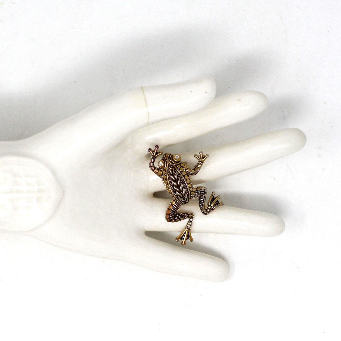 Brooch / Pin, Figural Frog, Gold & Silver Tone & Rhinestone Eyes, Intricate Pattern