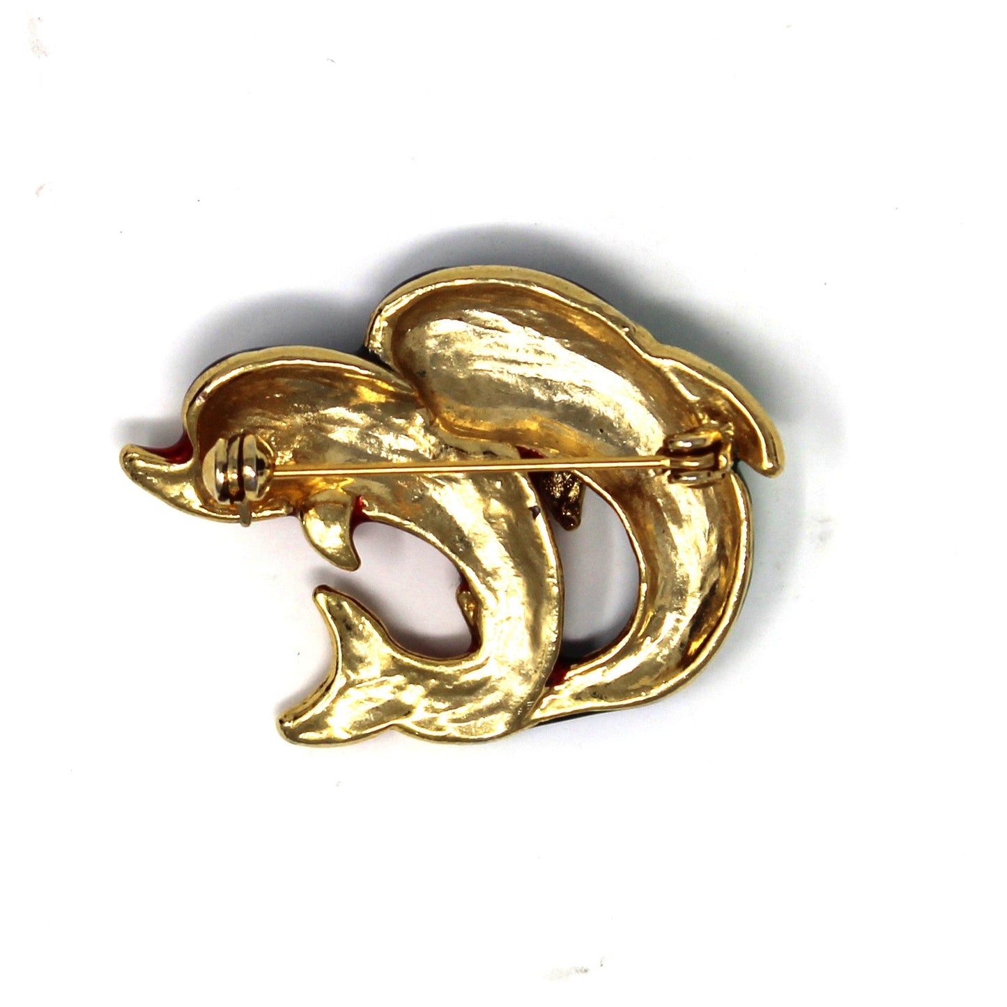 Brooch / Pin, Two Leaping Dolphins, Enamel Red, Blue, Green, White, Gold Tone, Vintage