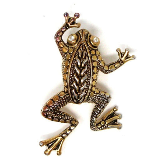 Brooch / Pin, Figural Frog, Gold & Silver Tone & Rhinestone Eyes, Intricate Pattern