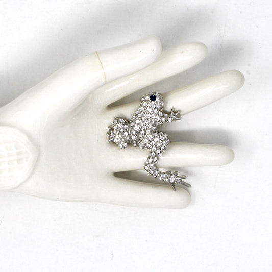 Brooch / Pin, Figural Frog, Pave Rhinestones, KUO, Silver Tone, Vintage