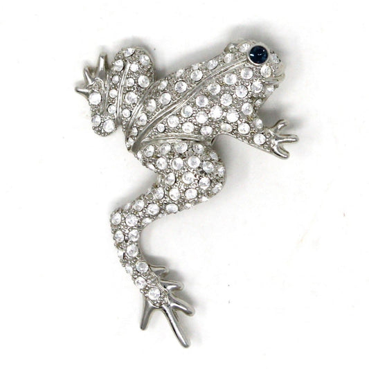 Brooch / Pin, Figural Frog, Pave Rhinestones, KUO, Silver Tone, Vintage