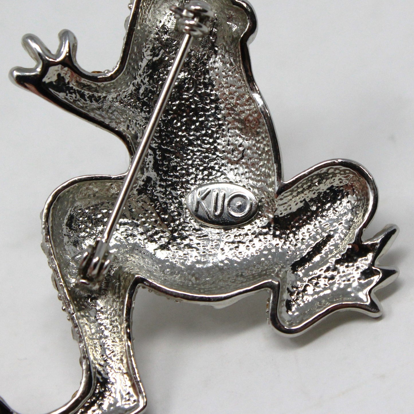 Brooch / Pin, Figural Frog, Pave Rhinestones, KUO, Silver Tone, Vintage