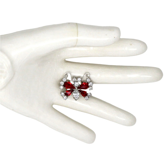 Brooch / Pin, Figural Butterfly, B. David, Red & Clear Rhinestones, Silver Tone, Vintage