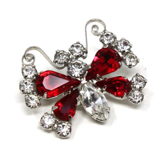 Brooch / Pin, Figural Butterfly, B. David, Red & Clear Rhinestones, Silver Tone, Vintage