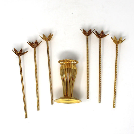Cocktail Picks / Hors Oeuvres Skewers, Floral Tops with Matching Holder, Gold-Color Metal, France, Vintage 1960s