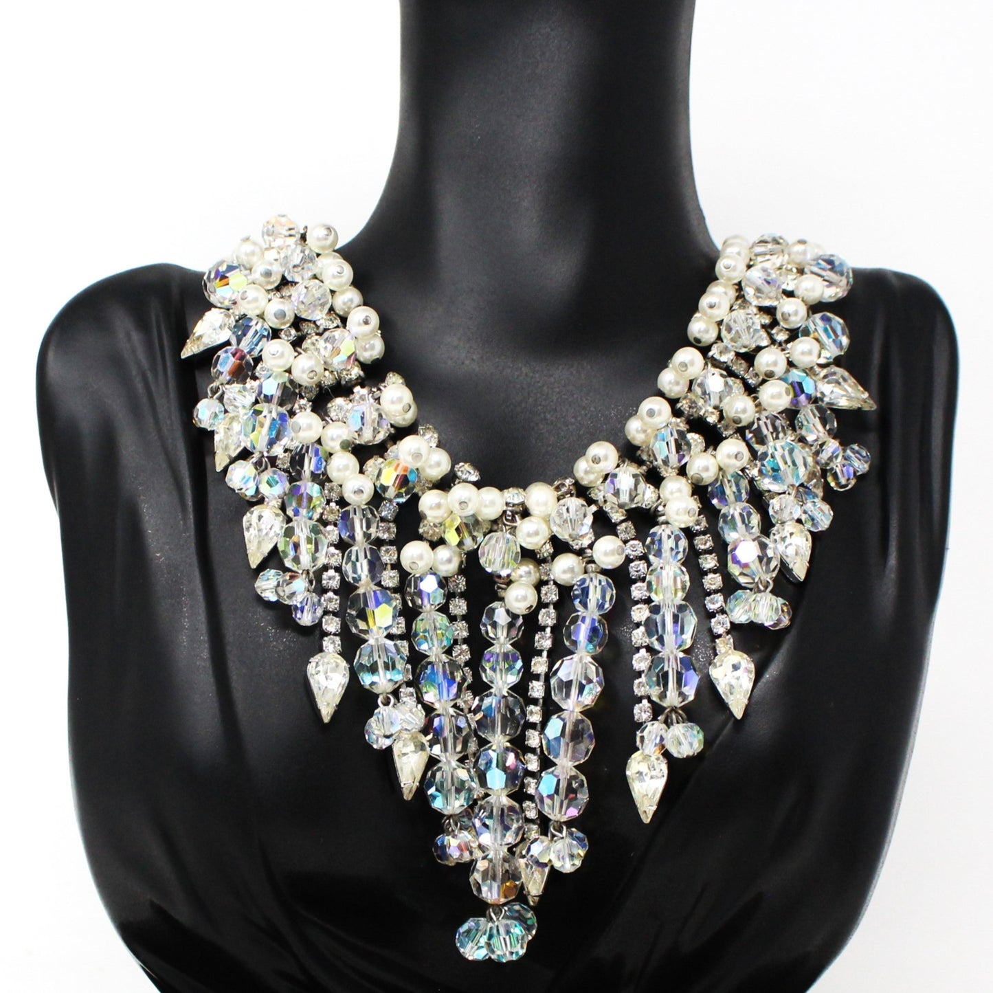Necklace and Earrings Set, D&E Juliana, Waterfall Bib Necklace, Faceted Crystals & Pearls, Vintage