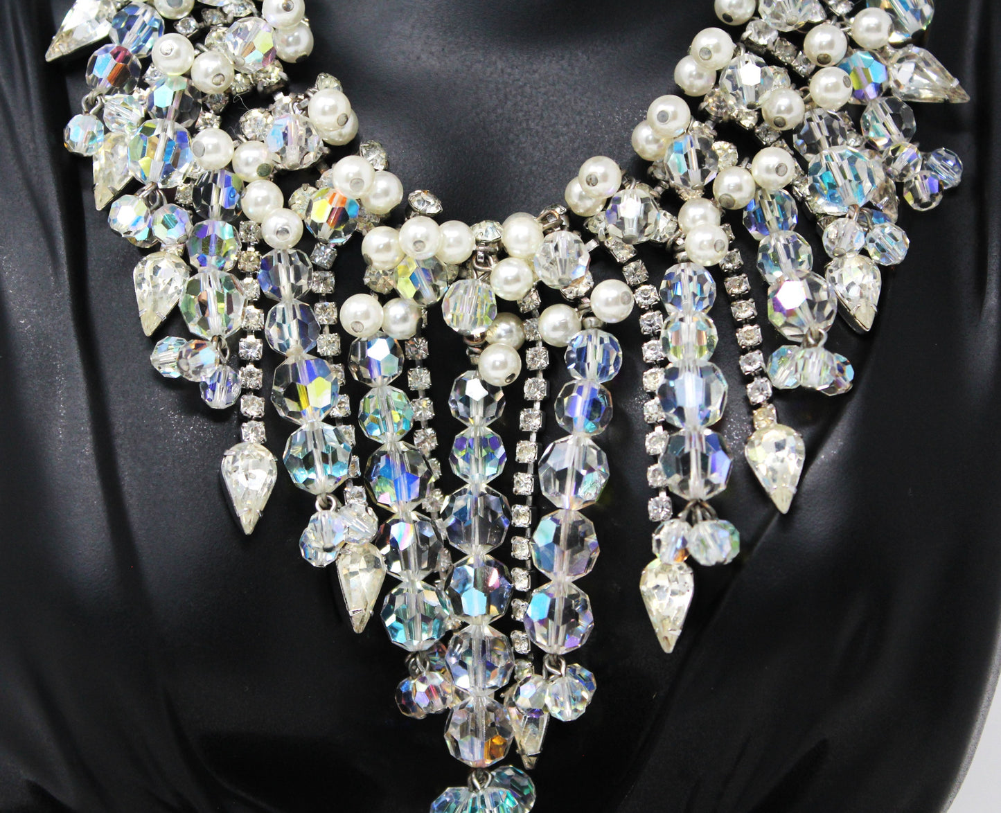 Necklace and Earrings Set, D&E Juliana, Waterfall Bib Necklace, Faceted Crystals & Pearls, Vintage