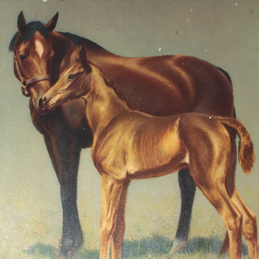 An antique oil painting depicting a brown horse and its foal standing on a grassy field, set against a light gray background.