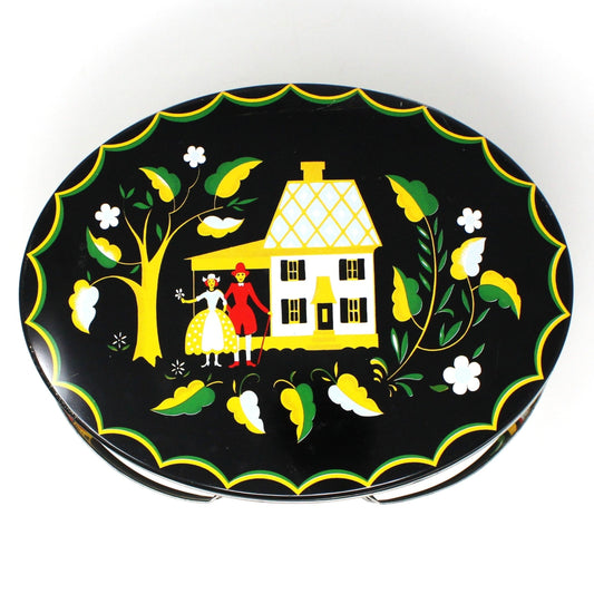 Tins, Gift Tin / Cookie Tin, Pennsylvania Dutch Amish, Toleware, Oval Tin with Handles, Vintage, SOLD