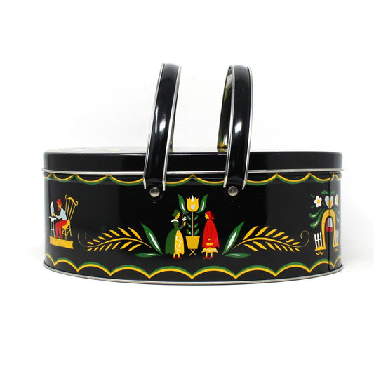 Tins, Gift Tin / Cookie Tin, Pennsylvania Dutch Amish, Toleware, Oval Tin with Handles, Vintage, SOLD