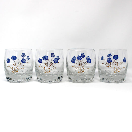 Cocktail Glasses, Blue Enamel and Gold Florals, 8 Multi-Peg Feet, Set of 4, Mid Century Italy, Vintage 1960s