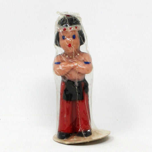 A vintage Gurley Novelty figurine-Indian boy figural shaped candle in red and black, still in original packaging. Never been used.