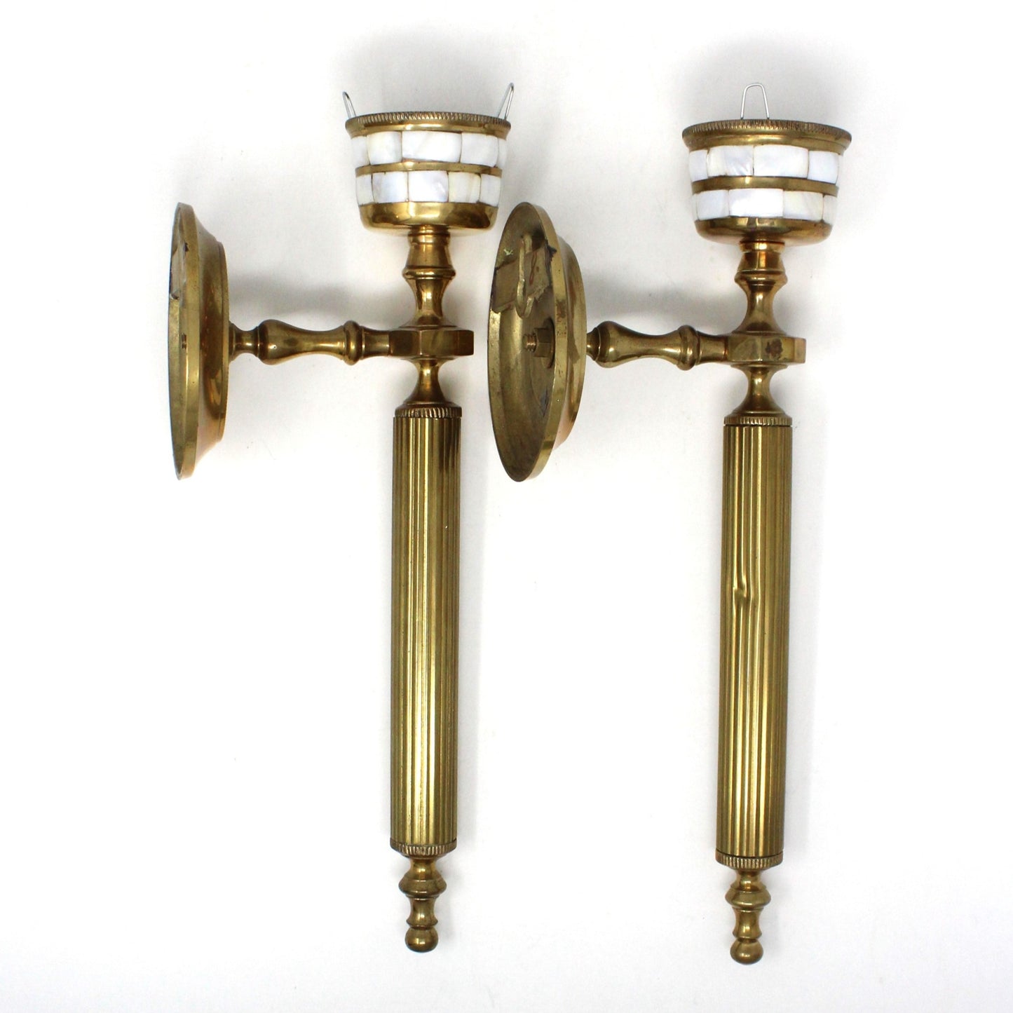 Candle Holders / Sconces, Brass & Mother of Pearl Inlay, Set of 2, Vintage, SOLD