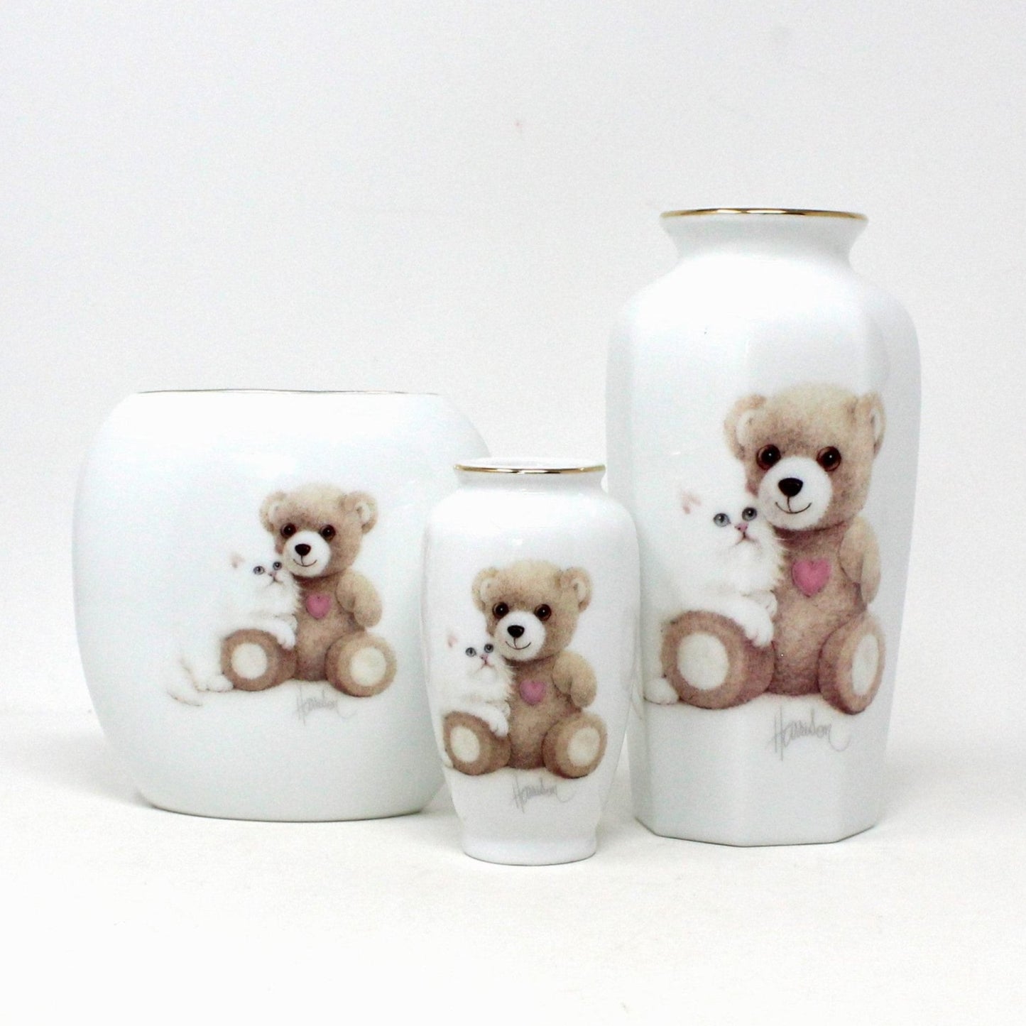 Vase, OMC Otagiri, Bear with Cat, Bob Harrison Designs, Set of 3, Japan, Vintage
