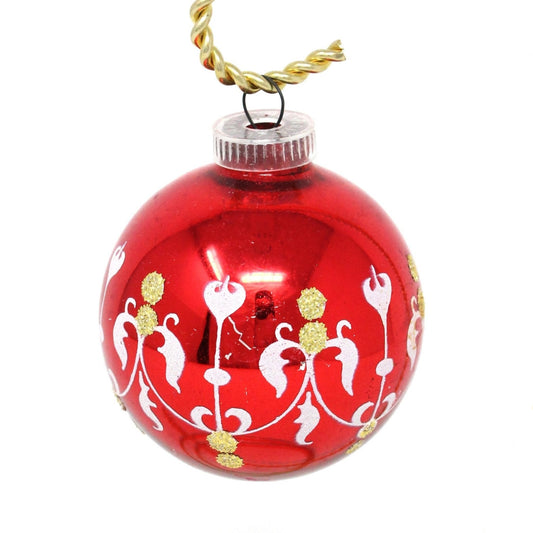 Ornaments, Glass Balls, Set of 3, Red, Green & Pink Stencil Design, Austria, Vintage