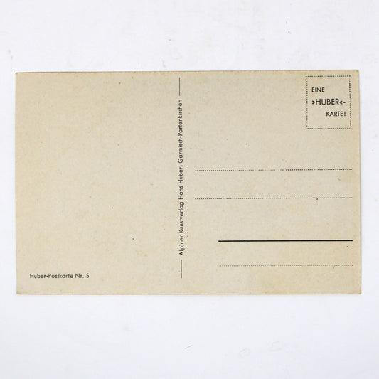 Back view of a vintage postcard with printed lines and text, picture by Hans Huber.